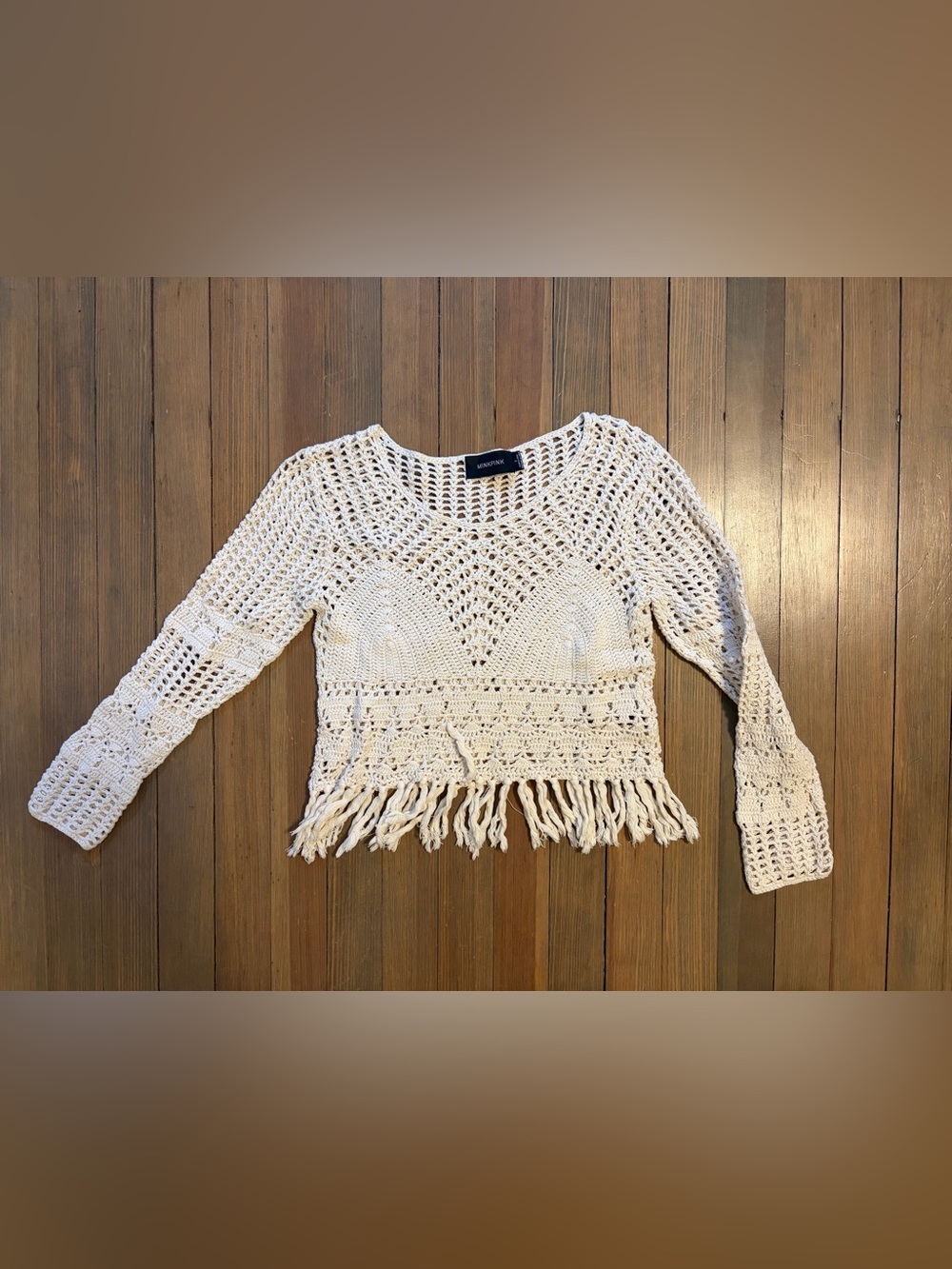 MINKPINK Cream Crochet Fringe Scoop-Neck Sweater